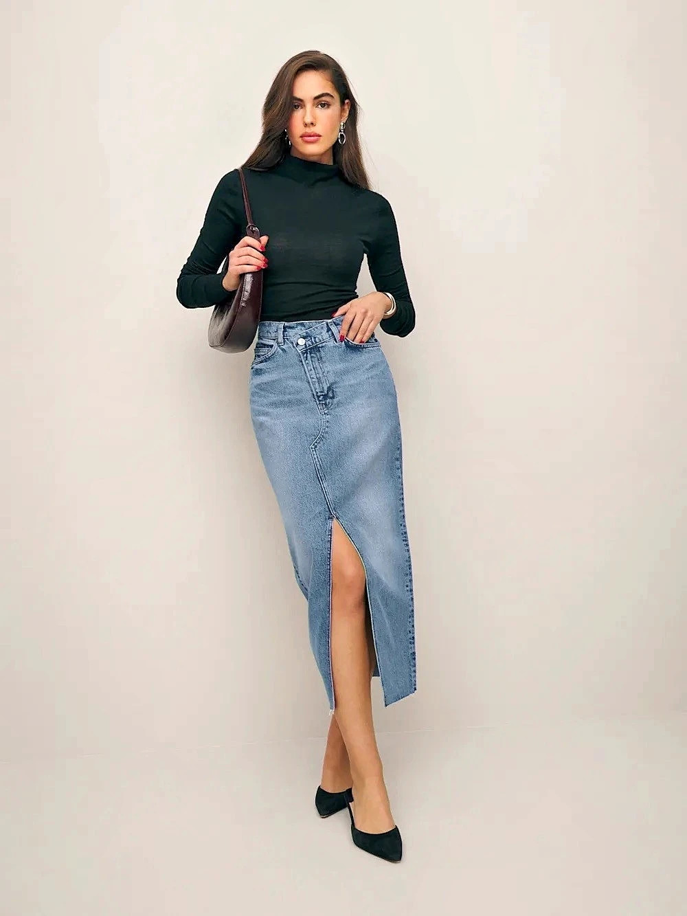 NWT Reformation Nila Long Denim Skirt Galway 27 Crossover Waist Front Slit